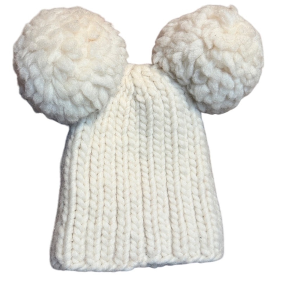Eugenia Kim Cream Wool Chunky Knit Beanie Hat Double Pom‎ Pom Ears Made in Peru